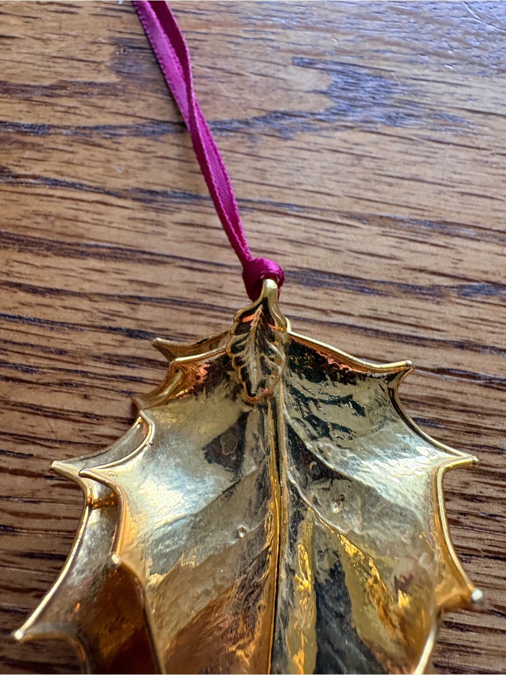 24K Gold Holly Leaf Hanging Christmas Ornament with Burgundy ribbon hanger - Picture 6 of 8